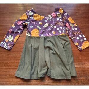 12-18M Rorychen Girls Fall Pumpkin Dress – Purple & Sage Green, Soft & Stretchy